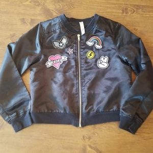 Kid Children Moto Style Zip Up Jacket Sz Lg Black Peace Rainbow Patches